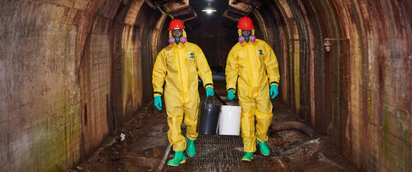 Workers wearing ChemMax 1 Coveralls while carrying buckets and walking in a tunnel.