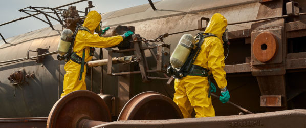 Workers wearing Lakeland ChemMax 4 Coveralls while inspecting train.