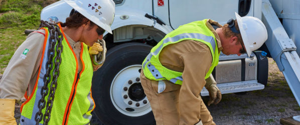 Workers wearing Lakeland FR Clothing while working near a utility truck.