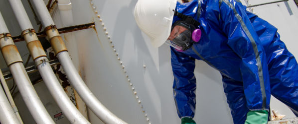 Worker wearing a Lakeland Pyrolon CBFR Coverall and a respirtator while working in an industrial facility.